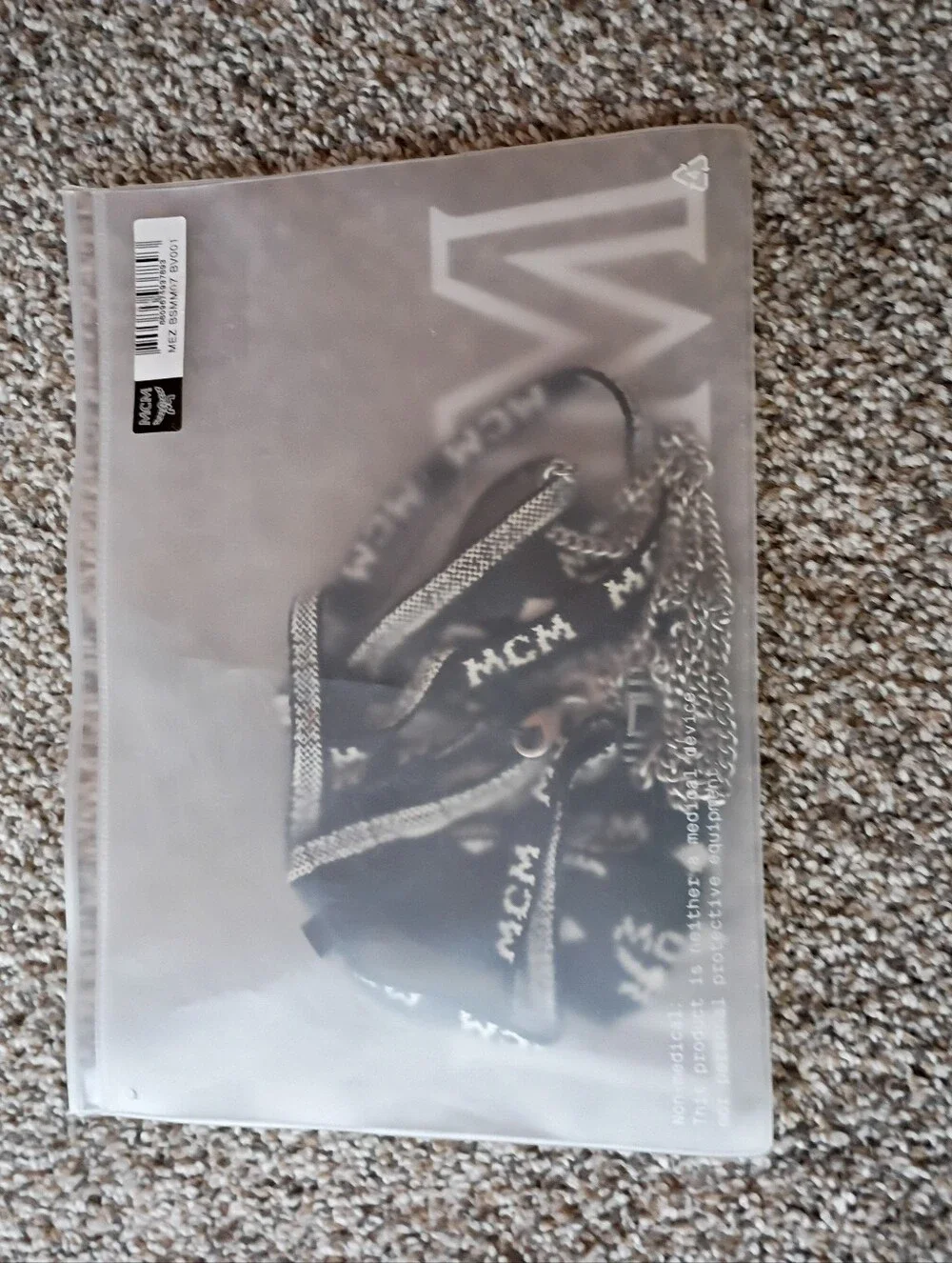 MCM Black and White Logo Face Mask with Silver Chain